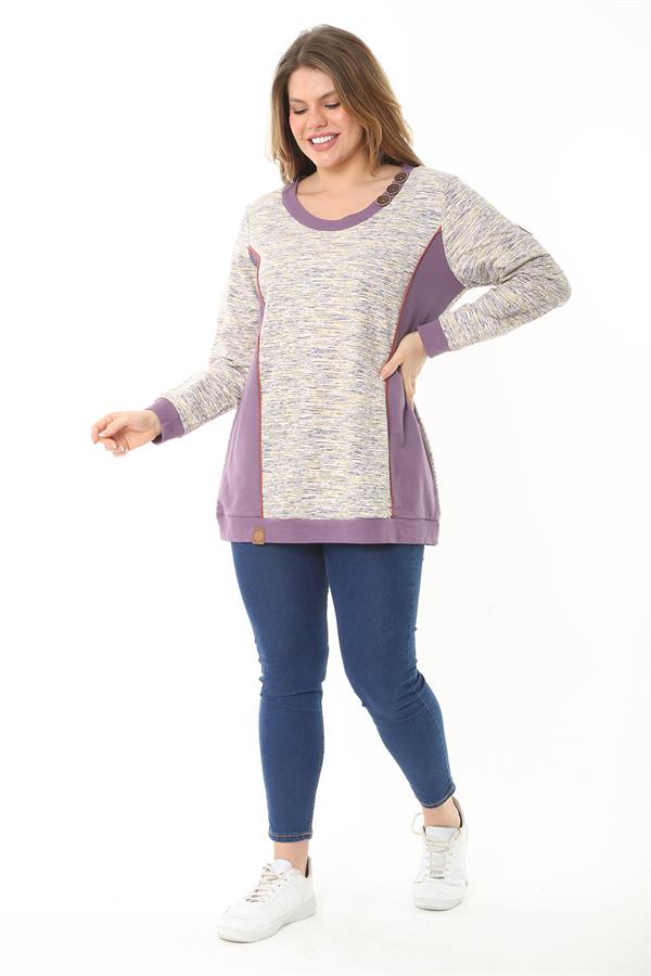 Kadın Büyük Beden Lacivert Süs Düğme Ve Kup Detaylı Sweatshirt 65N37121