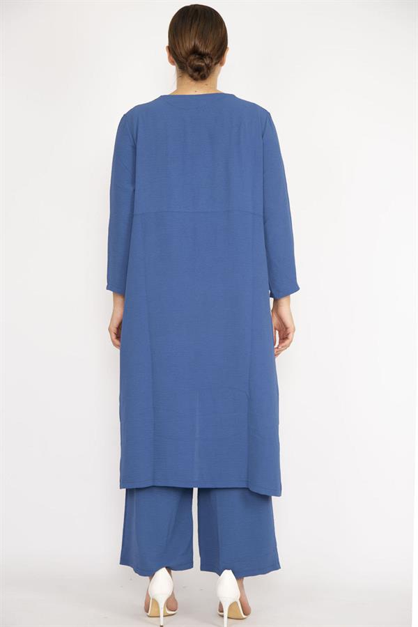 Kadın Büyük Beden İndigo Hırka İç Bluz Ve Pantolon Üçlü Takım