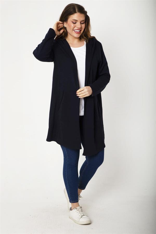 Kadın Büyük Beden Gri Kup Ve Vep Detaylı Kapşonlu Hırka 65N37183