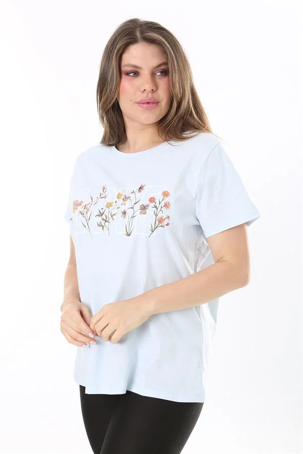 Büyük Beden Bebe Mavisi Pamuk Kumaş Ön Baskılı Kısa Kollu Bluz 65N37807