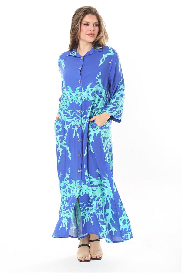 Kadın Büyük Beden Mavi Ön Boy Düğmeli Gömlek Yakalı Uzun Elbise 65N37875