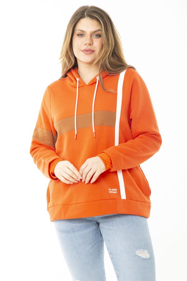 Kadın Büyük Beden Oranj İçi Şardonlu İki İplik Kapşonlu Sweatshirt 65N37163