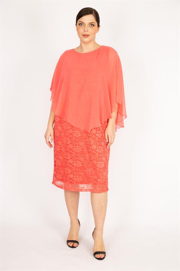 Kadın Lacivert Büyük Beden Şifon Pelerinli Astarlı Dantel Elbise