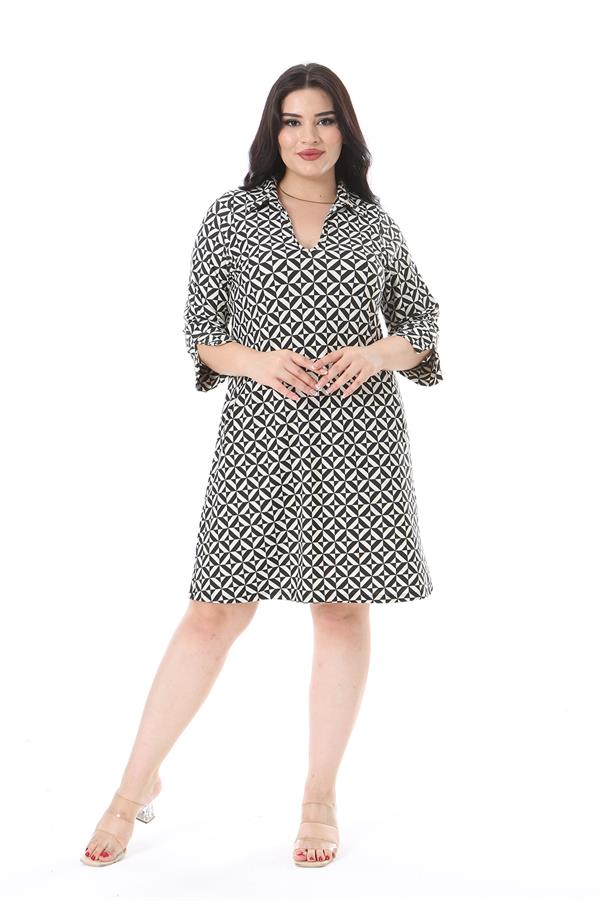 Kadın Büyük Beden Siyah V Yakalı Yan Cepli Likralı Viskon Elbise 65N38205