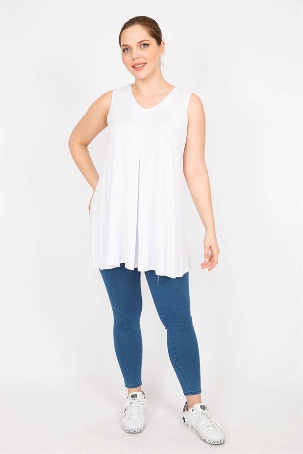 Kadın Beyaz Büyük Beden Önü A Pileli V Yakalı Uzun Bluz