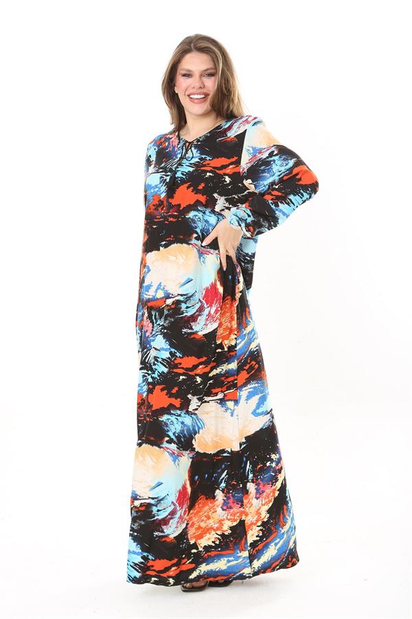 Kadın Büyük Beden Mavi Yaka Bağcıklı Uzun Kollu Maksi Boy Elbise 65N37869