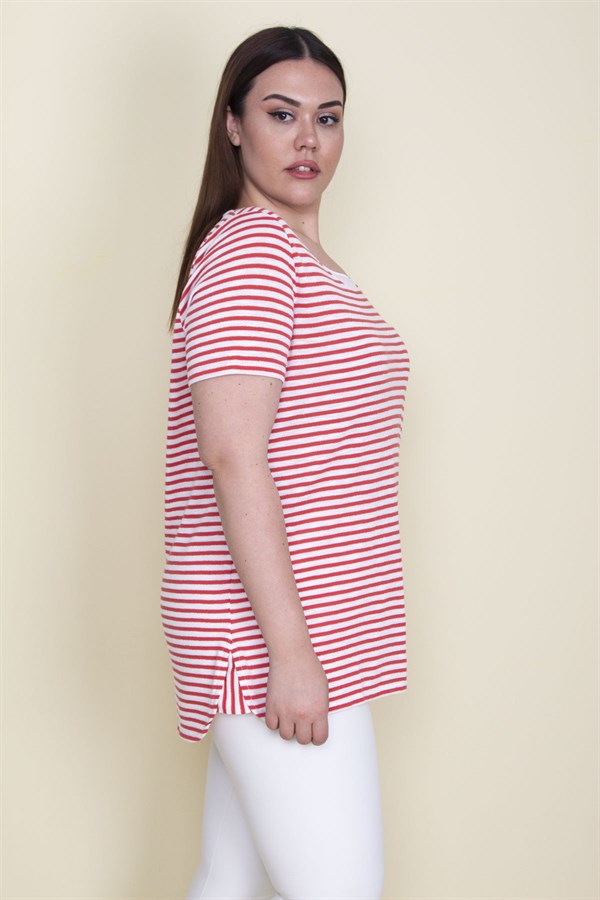 Kadın Kırmızı Yakası Tül Detaylı Simli Çizgili Bluz 65N25649
