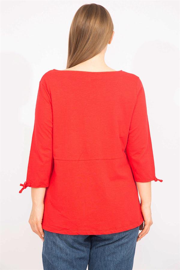 Kadın Kırmızı Büyük Beden Önü Süs Düğmeli Kol Bağcıklı Bluz 65N35734