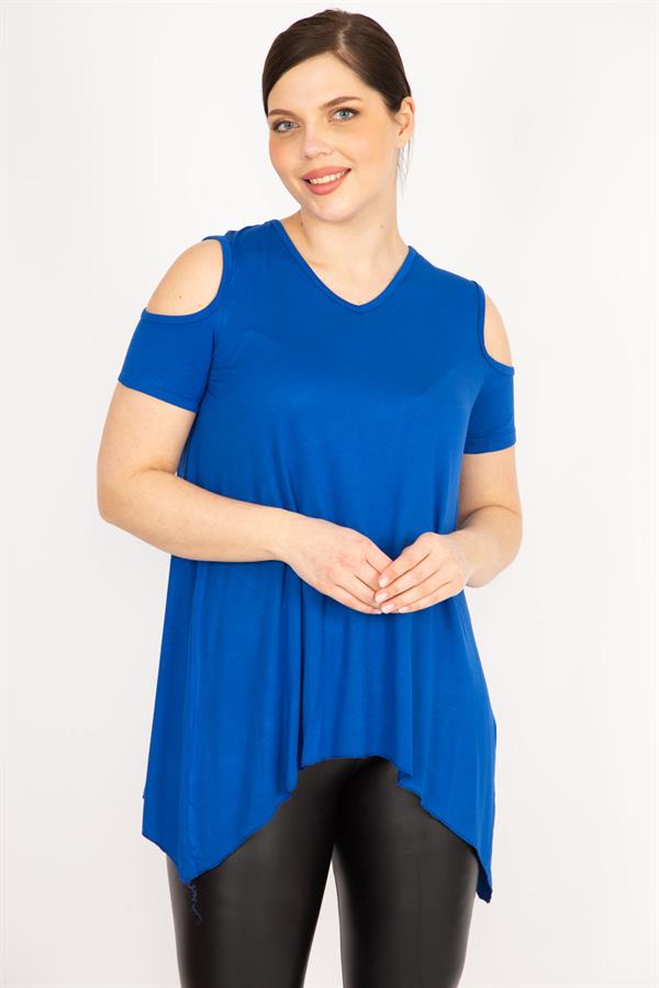 Kadın Saks Büyük Beden Omuz Dekolteli Asimetrik Kesim Viskon Bluz