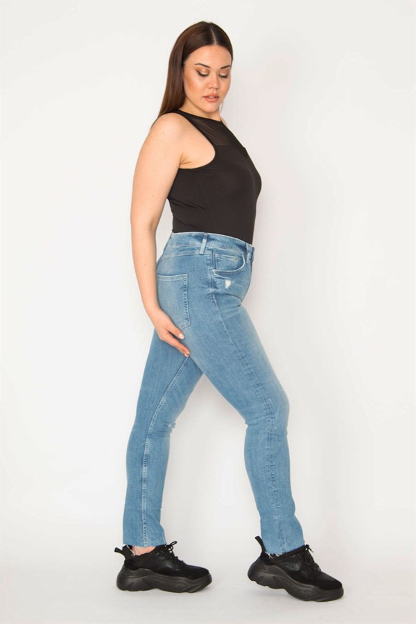 KADIN MAVİ YIRTIK DETAYLI YIKAMA SKİNNY JEAN PANTOLON