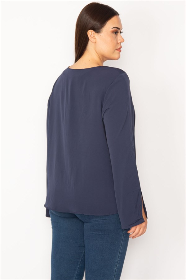 WOMEN'S WHITE COLLAR STRIPED BLOUSE WITH EYELET LACE DETAIL AND SLEEVE SLIT