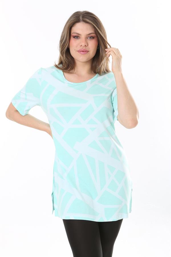 Kadın Büyük Beden Yeşil Bisiklet Yakalı Kısa Kollu Çizgili Tunik 65N37851