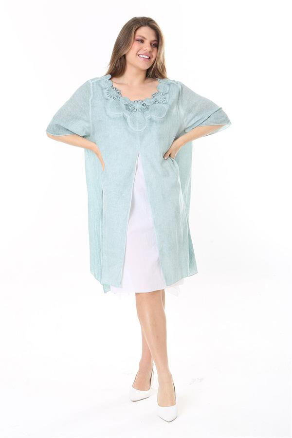 Kadın Büyük Beden Yeşil Yaka Dantelli İki Parça Elbise 65N37784