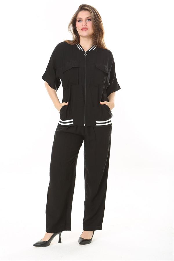 Kadın Büyük Beden Nar Ön Fermuarlı Ribanalı Tunik Ve Pantolon İkili Takım 65N37877