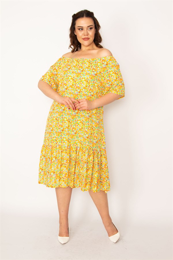 Kadın Fujya Yaka Lastikli Etek Ucu Büzgülü Dokuma Viskon Kumaş Elbise 65N33250