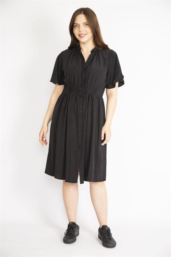 Kadın Siyah Büyük Beden Ön Düğmeli Bel Kısmı Lastik Detaylı Elbise