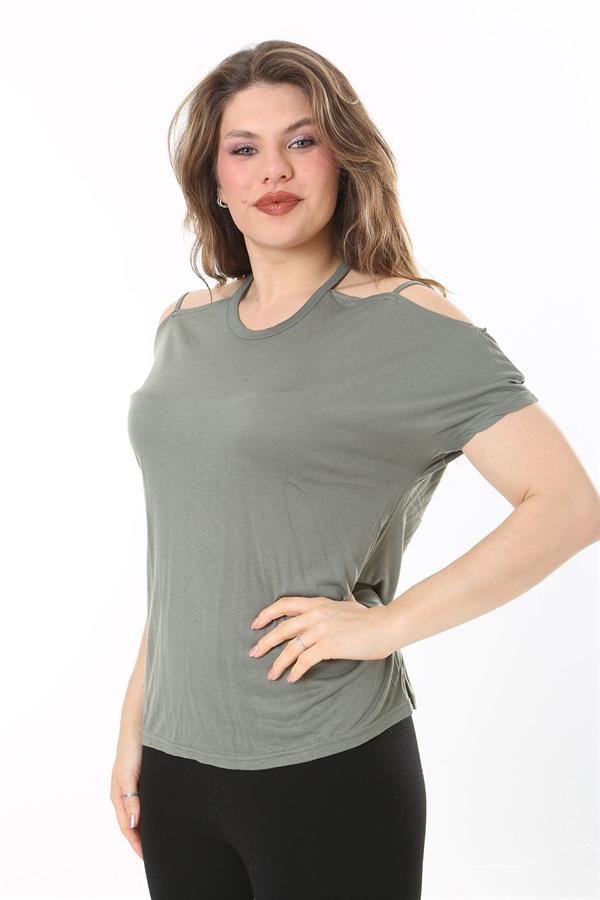 Kadın Büyük Beden Haki Omuz Dekolteli Bluz 65N38047