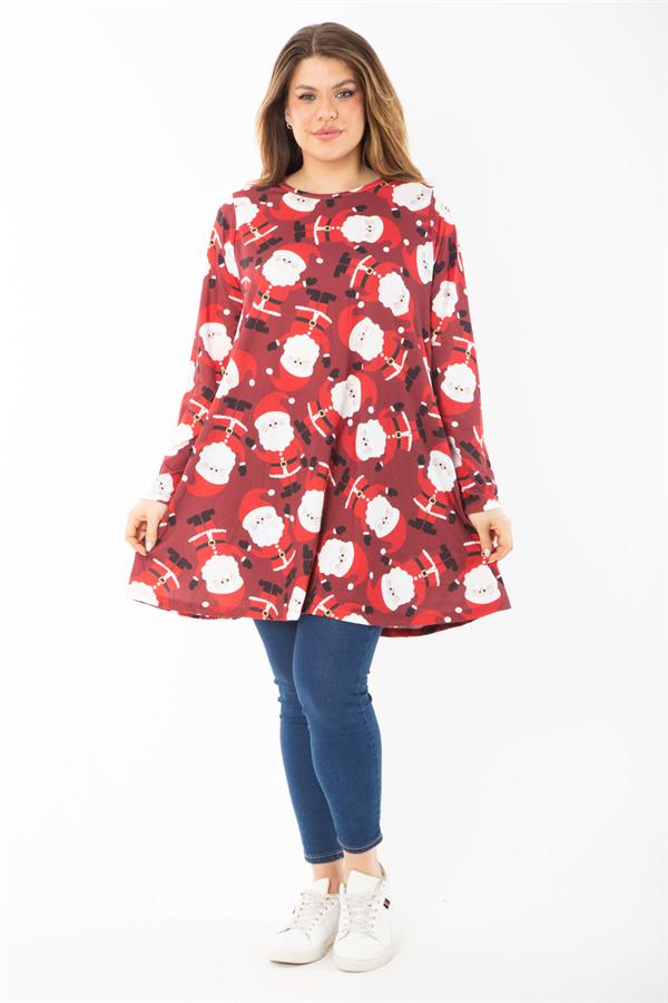 Kadın Büyük Beden Bordo Noel Desenli Tunik Elbise 65N37426