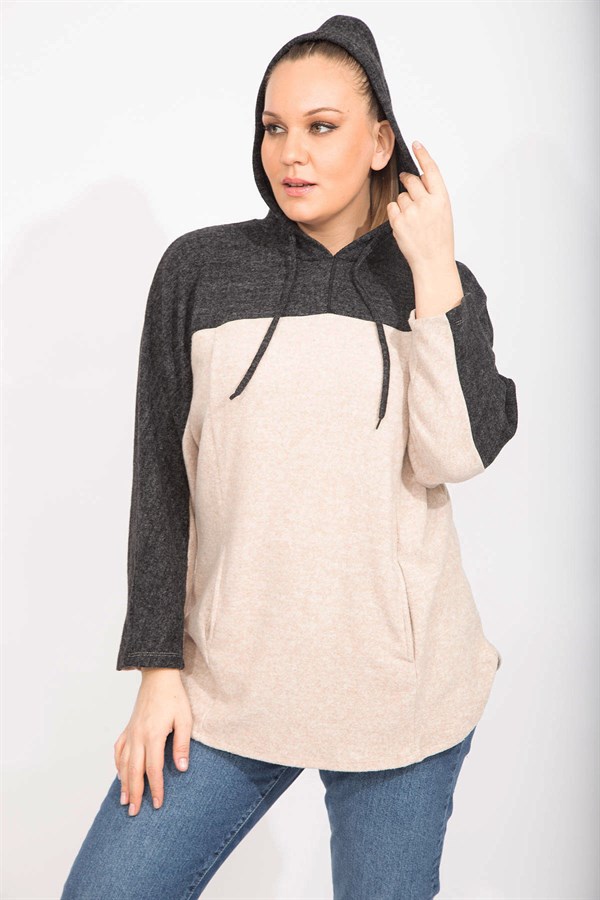 Kadın Gri Rahat Kesim Yumoş Kumaş Kapşonlu Cepli Sweatshirt 65N35488