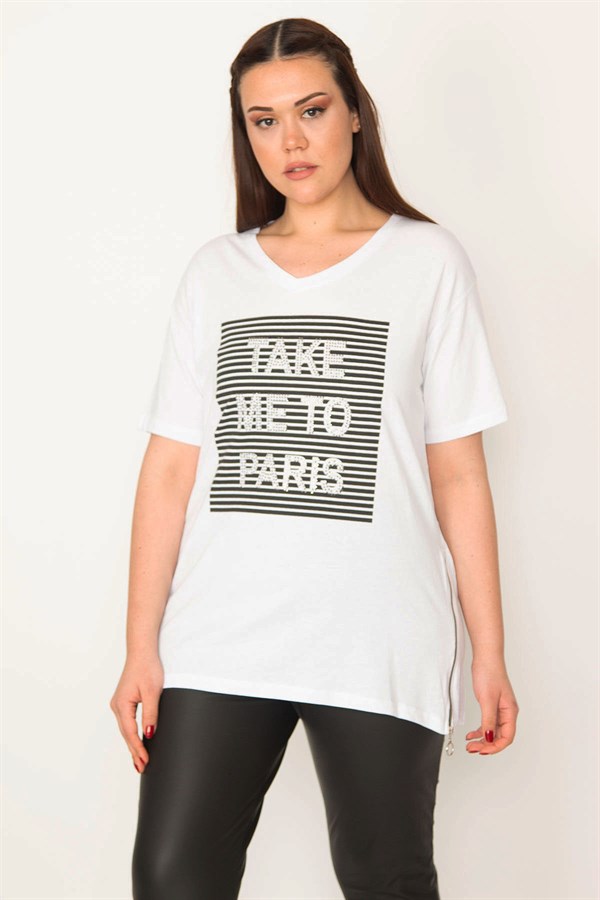 KADIN BEYAZ ÖN TAŞ VE ÇİZGİ BASKI DETAYLI YAN FERMUAR YIRTMAÇLI BLUZ