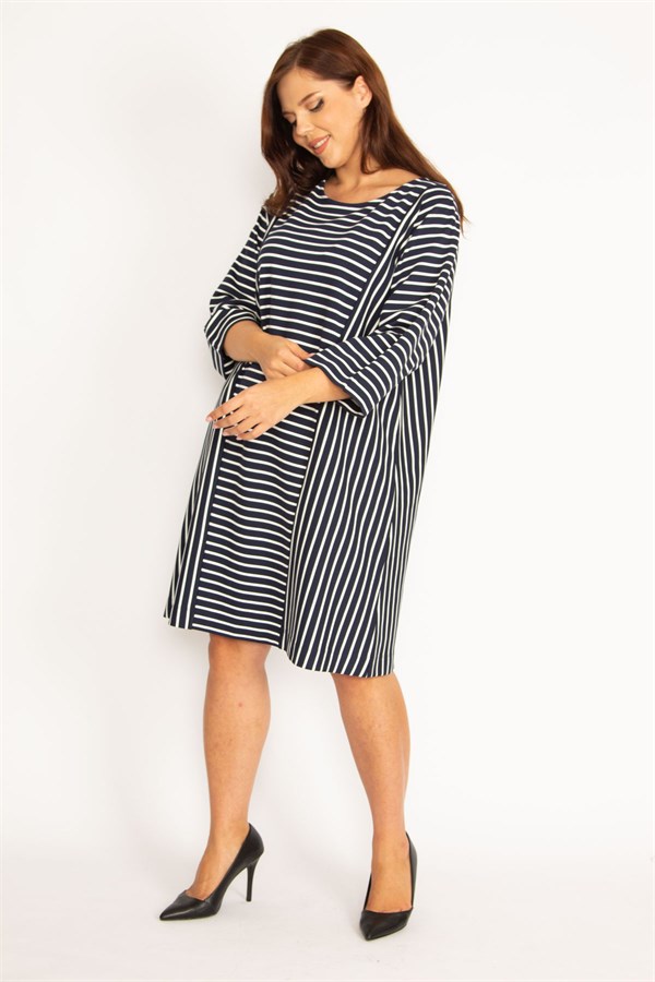 Kadın Lacivert Çizgi Kombinli Kuplu Elbise 65N34789