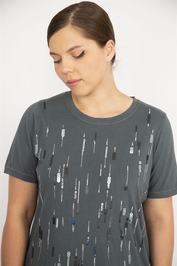 Kadın Büyük Beden Bebe Mavisi Payet Ve Taş İşli Bisiklet Yakalı Bluz