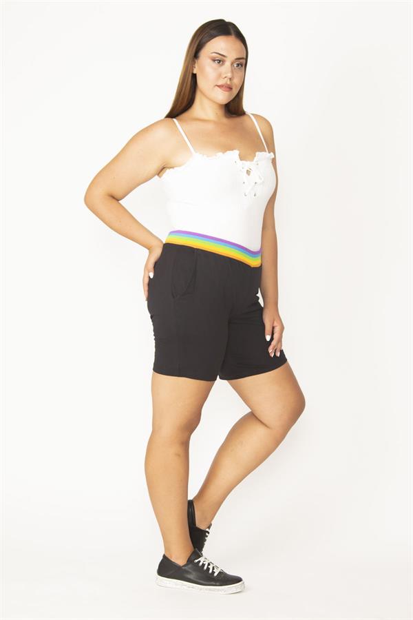 Kadın Büyük Beden Siyah Pamuklu Kumaş Beli Renkli Lastikli Cepli Şort 65N36780