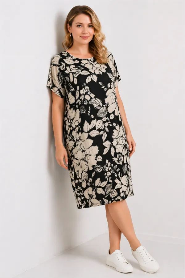 Kadın Büyük Beden Siyah, Çiçek Desenli Cepli Viskon Elbise 65N39471