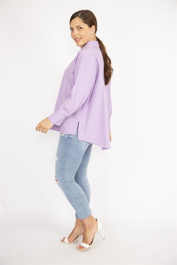 Kadın Büyük Beden Lila Poplin Kumaş Ön Düğmeli Yan Yırtmaçlı Uzun Kollu Gömlek 65N36798