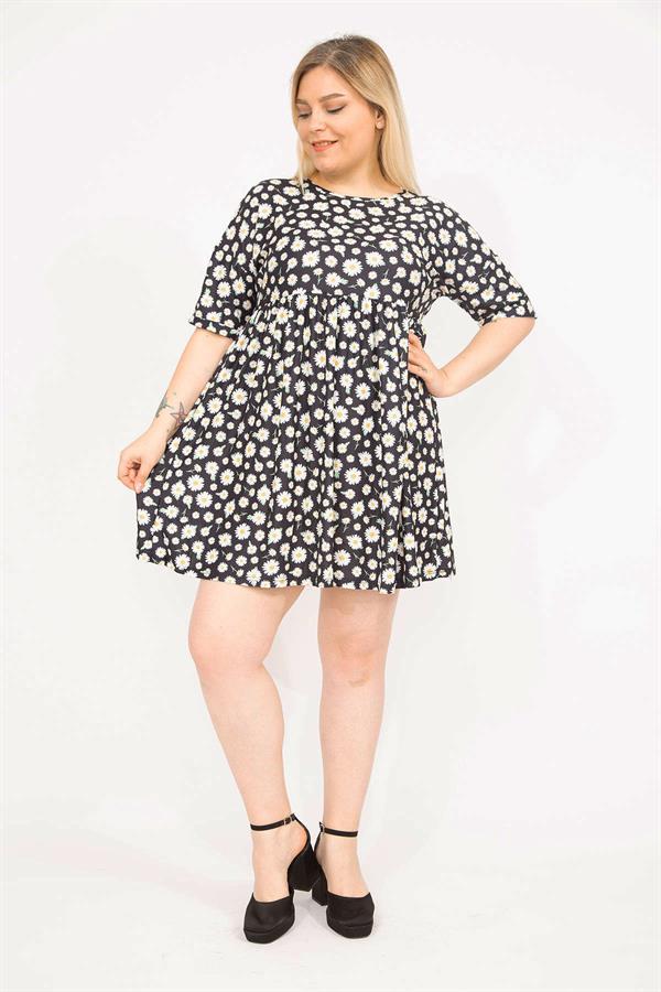 Women's Colorful Plus Size Elastic Waist Patterned Tunic Dress 65N35814