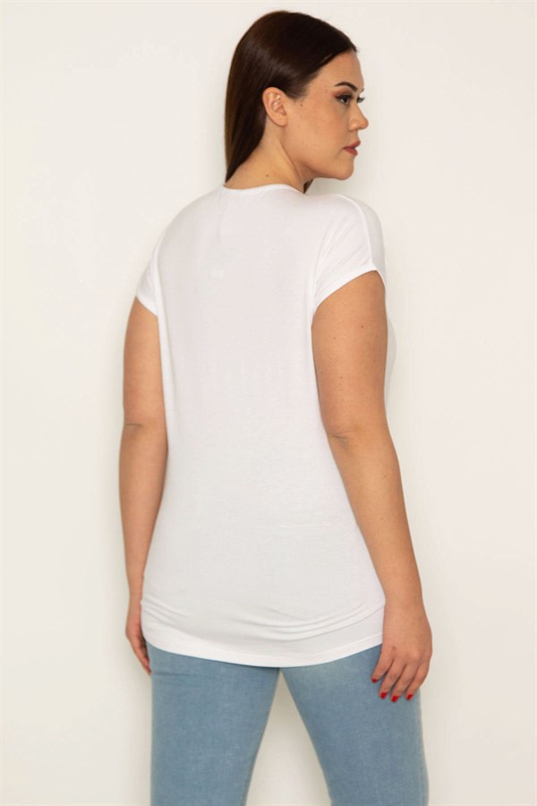 KADIN BEYAZ V YAKA DÖKME TAŞ DETAYLI BLUZ