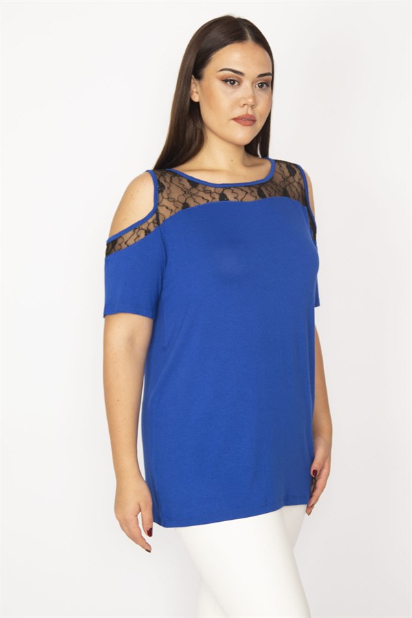 Kadın Saks Omuz Dekolteli Dantelli Bluz 65N29290