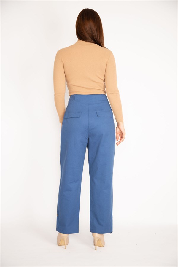 Kadın İndigo Ön Cepli Paçası Düğme İle Duble Paça Boy Ayarlı Gabardin Kumaş Pantolon 65N34888