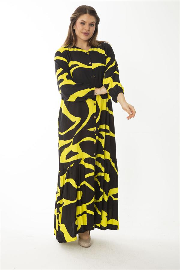 Kadın Büyük Beden Renkli Dokuma Viskon Kumaş Ön Boy Düğmeli Etek Ucu Katlı Elbise 65N37088