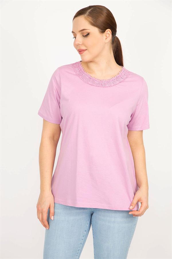 Kadın Lila Büyük Beden Pamuklu Kumaş Dantel Detaylı Bluz