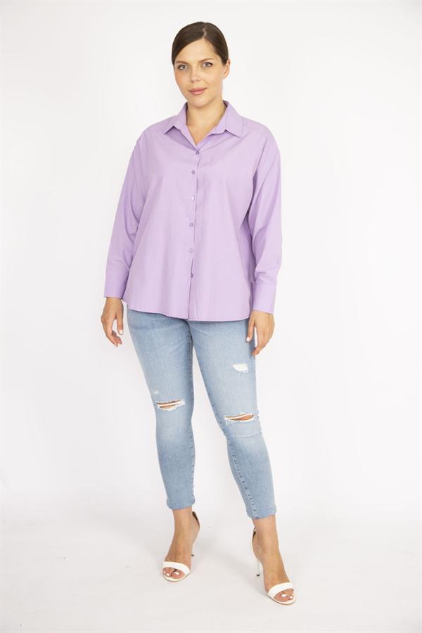 Kadın Büyük Beden Lila Poplin Kumaş Ön Düğmeli Yan Yırtmaçlı Uzun Kollu Gömlek 65N36798