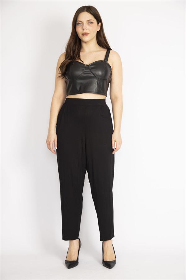 Kadın Siyah Büyük Beden Şalvar Kesim Yan Cepli Viskon Pantolon