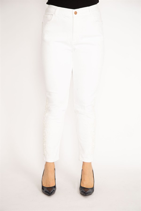 Kadın Kemik Paçası Dantel Ve İnci Detaylı Yan Bel Lastikli Likralı Kot Pantolon 65N34959