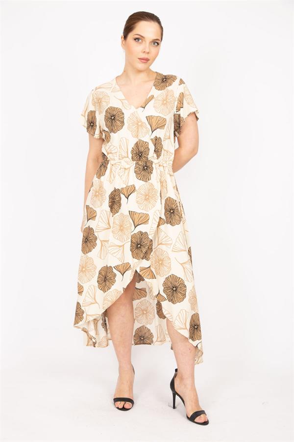 Kadın Bej Büyük Beden Dokuma Viskon Kumaş Eteği Anvelop Beli Lastikli Elbise 65N35832