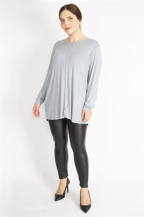 Kadın Gri Büyük Beden Bisiklet Yakalı Uzun Kollu Likralı Tunik