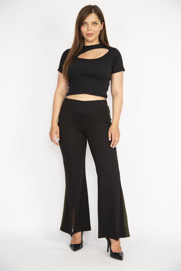 Kadın Siyah Büyük Beden Yırtmaç Detaylı Geniş Paçalı Yan Şeritli Eşofman Alt