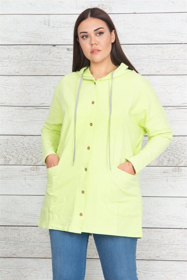 Women's Green Cotton Fabric Hooded Front Button Sweatshirt 65N20439