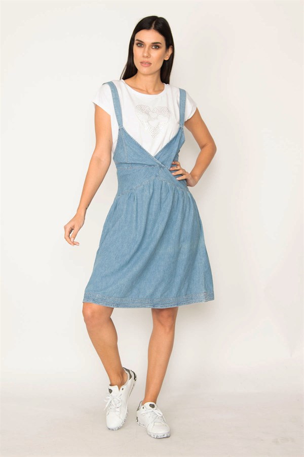 KADIN MAVİ ASKILI ANVELOP KOT ELBİSE