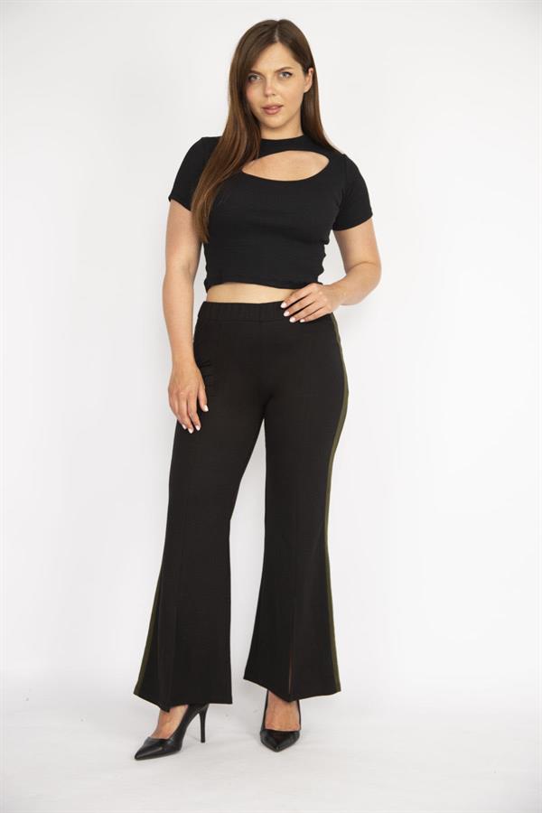 Kadın Siyah Büyük Beden Yırtmaç Detaylı Geniş Paçalı Yan Şeritli Eşofman Alt