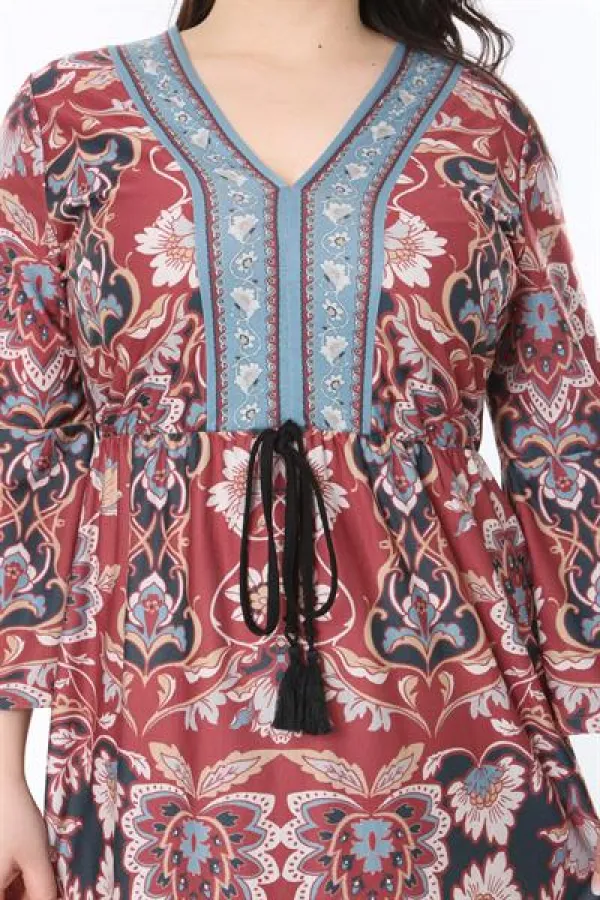 Kadın Büyük Beden Renkli V Yakalı Desenli Elbise 65N38846