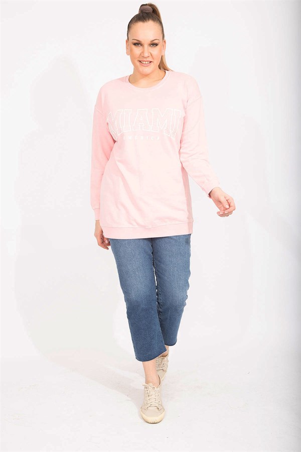 Kadın Pembe Pamuklu Kumaş Taş Ve Baskı Detaylı Sweatshirt 65N35482