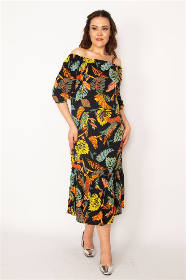 Kadın Renkli Yaka Lastikli Etek Ucu Katlı Dokuma Viskon Kumaş Elbise 65N33188