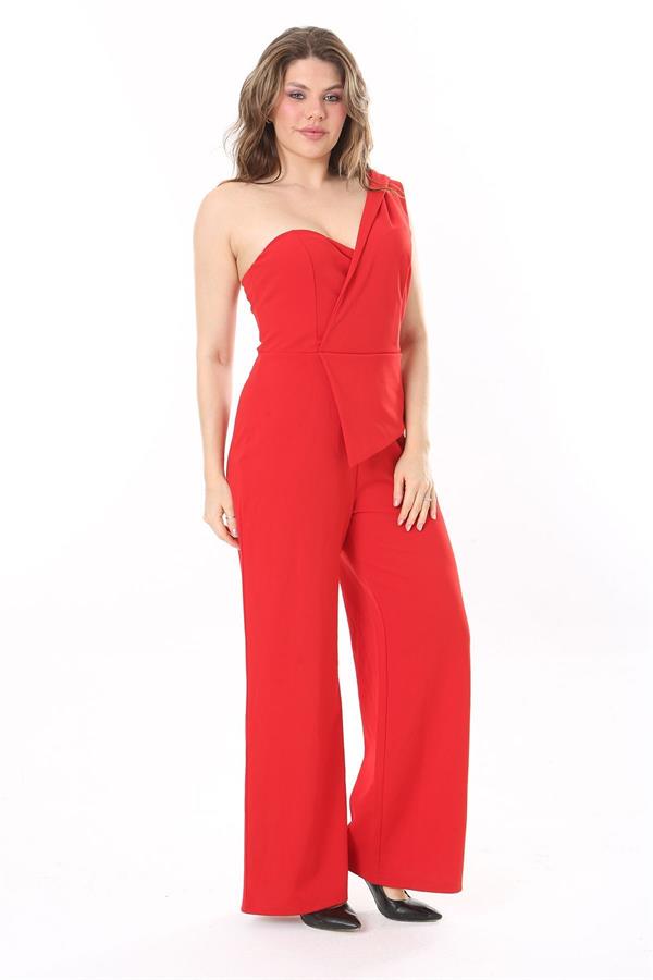 Kadın Büyük Beden Kırmızı Likralı Krep Kumaş Tek Omuz Ve Bel Detaylı Tulum 65N37954