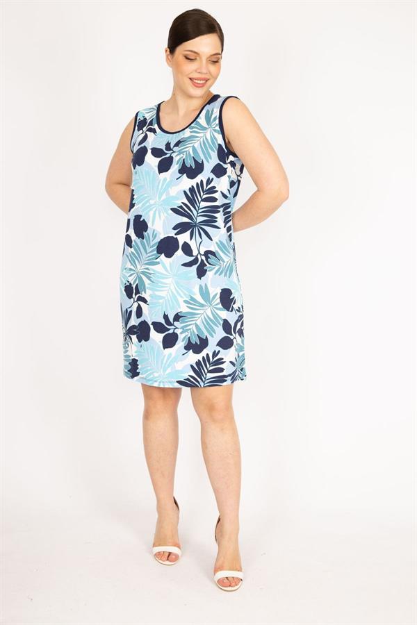 Kadın Mavi Büyük Beden Bisiklet Yakalı Desenli Elbise