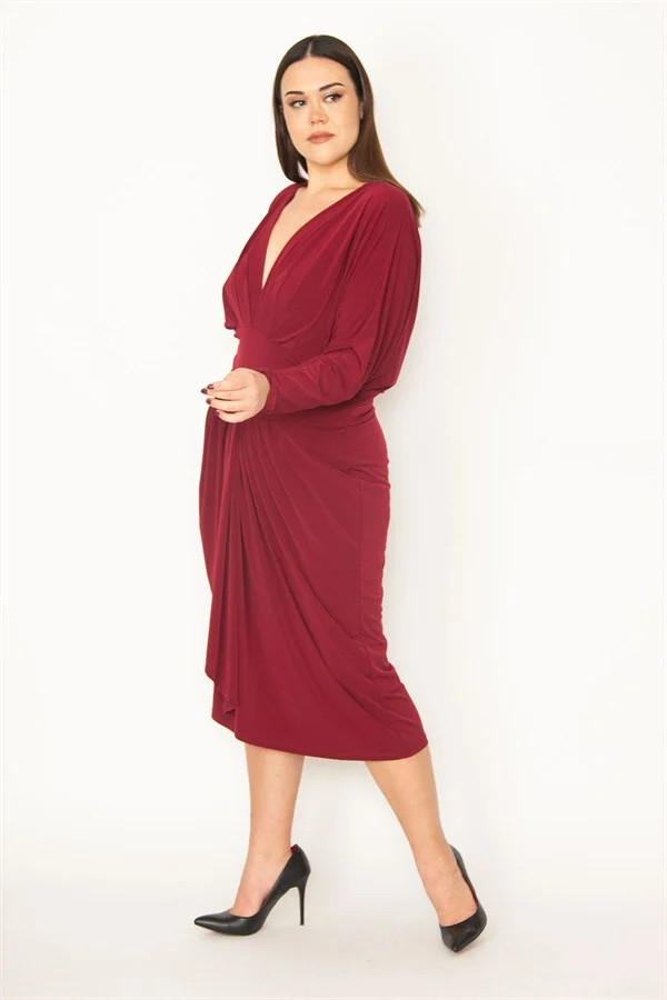 KADIN BORDO GÖĞÜS VE BEL DETAYLI ELBİSE